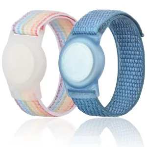 2 Pack Kids Wristband Compatible with Apple AirTag, Protective Case for Air Tag GPS Tracker Holder with Nylon Bracelet, Adjustable Anti Lost Watch Band for Toddler Child Elder (Rainbow & Blue)