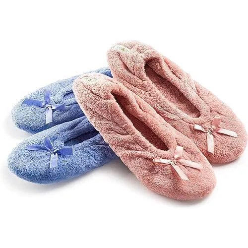 2-Pairs: Roxoni Women's Terry Classic Cotton & Velour Ballerina Slippers