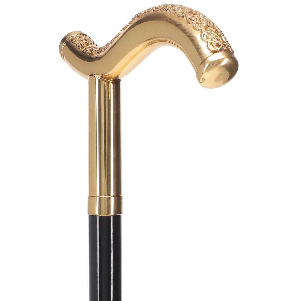 24K Gold Plated Tranquil Fritz Walking Cane w/ Black Beechwood Shaft & Collar