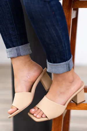 Beige Square Toe Block Heel Sandals