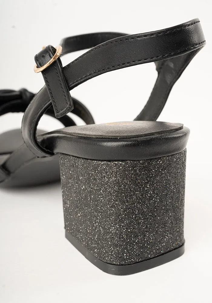 Black Glitter Heel Party Sandals