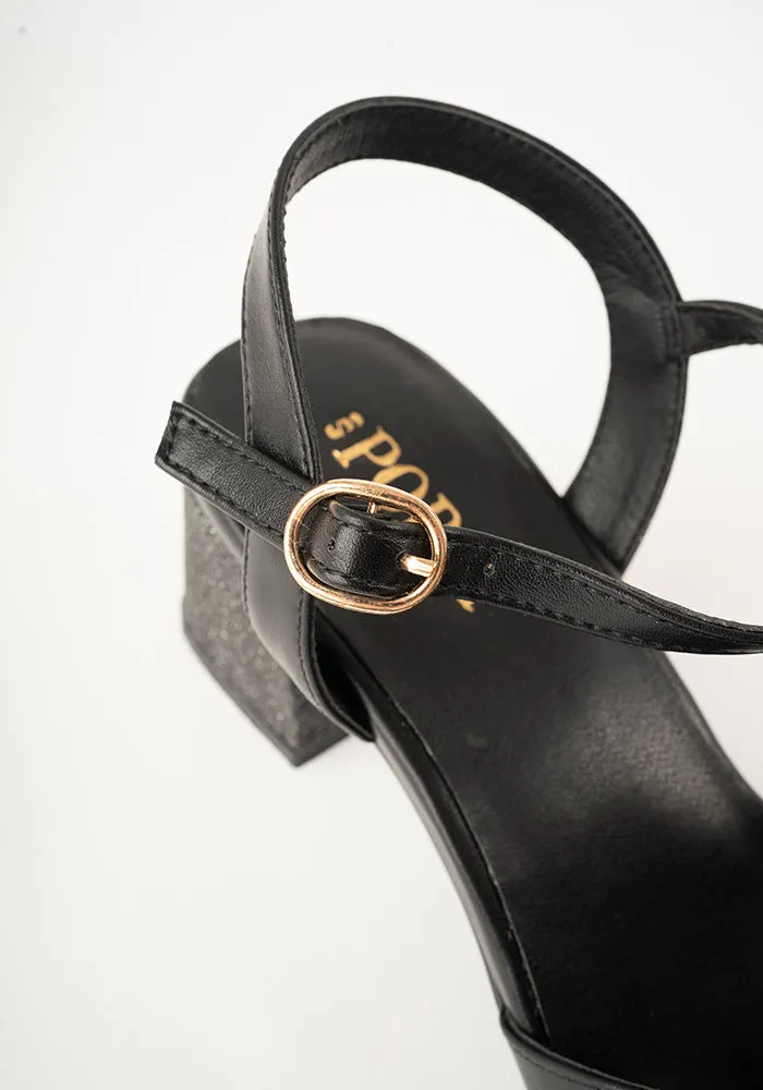 Black Glitter Heel Party Sandals