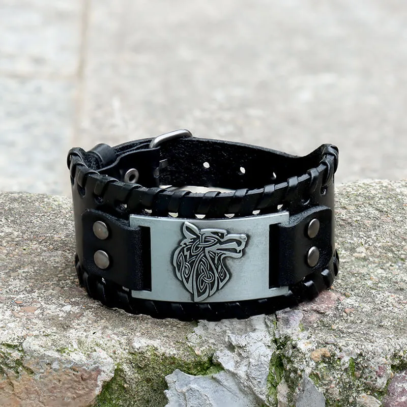 Celtic Wolf Leather Alloy Viking Bracelet