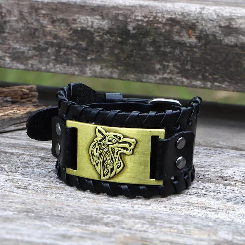 Celtic Wolf Leather Alloy Viking Bracelet