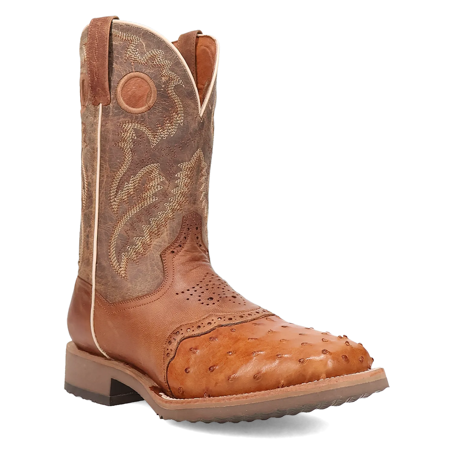 Dan Post Men's 11" Full Quill Ostrich Tan & Bay Apache Square Toe Western Boot