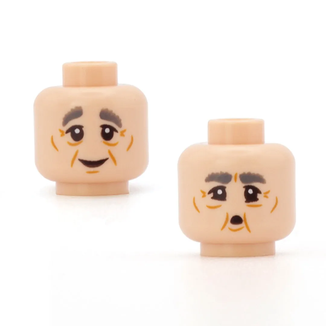 Elderly Closed Smile / Scrunched Up (Light Skin Tone, Double Sided) - LEGO Minifigure Head