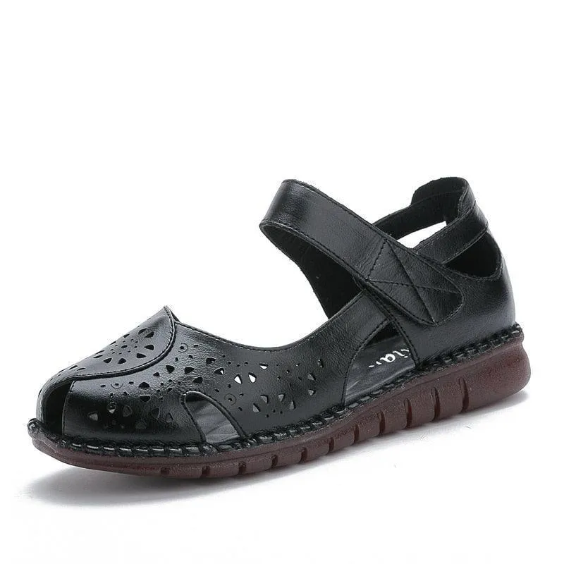 Holed Leather Women Flat Sandals