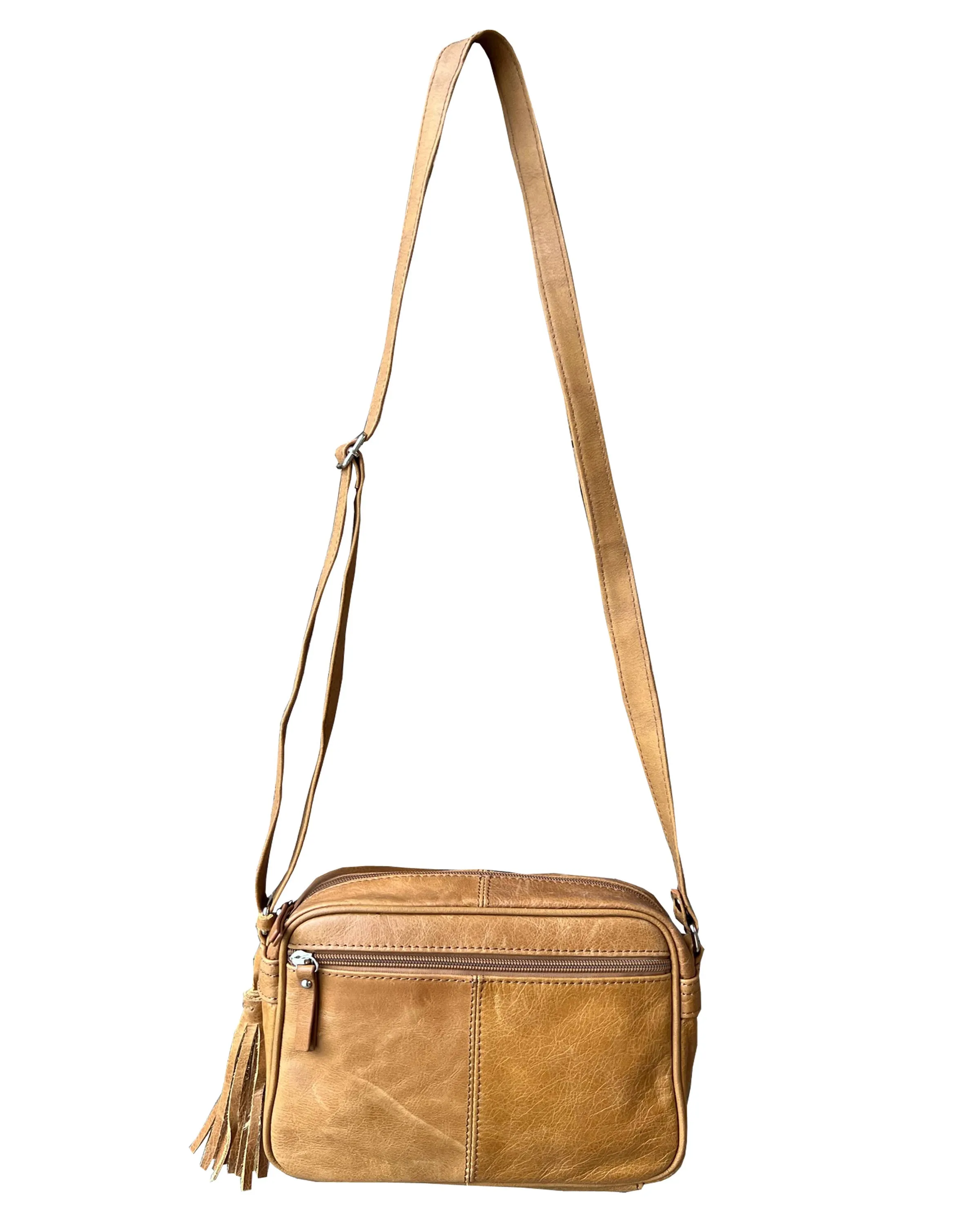 Leather Tassel Multi Pocket Crossbody Bag