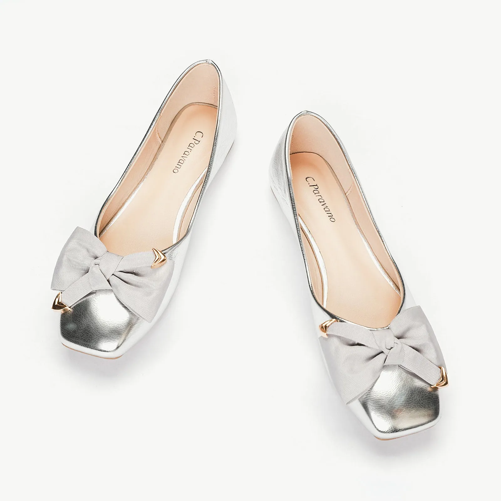 Metal Bow Ballerina Flats (Eva) Silver