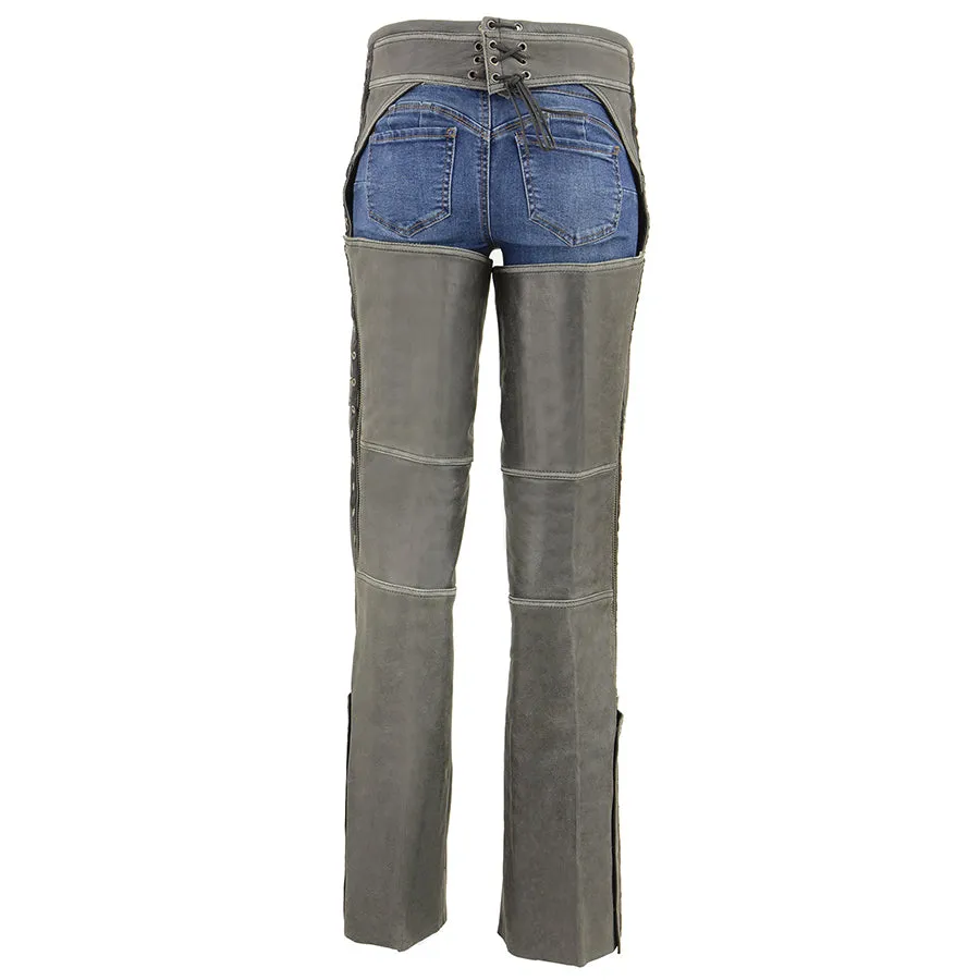 Women’s Distressed Grey Hip Set Chap w/ Lace & Grommet Details