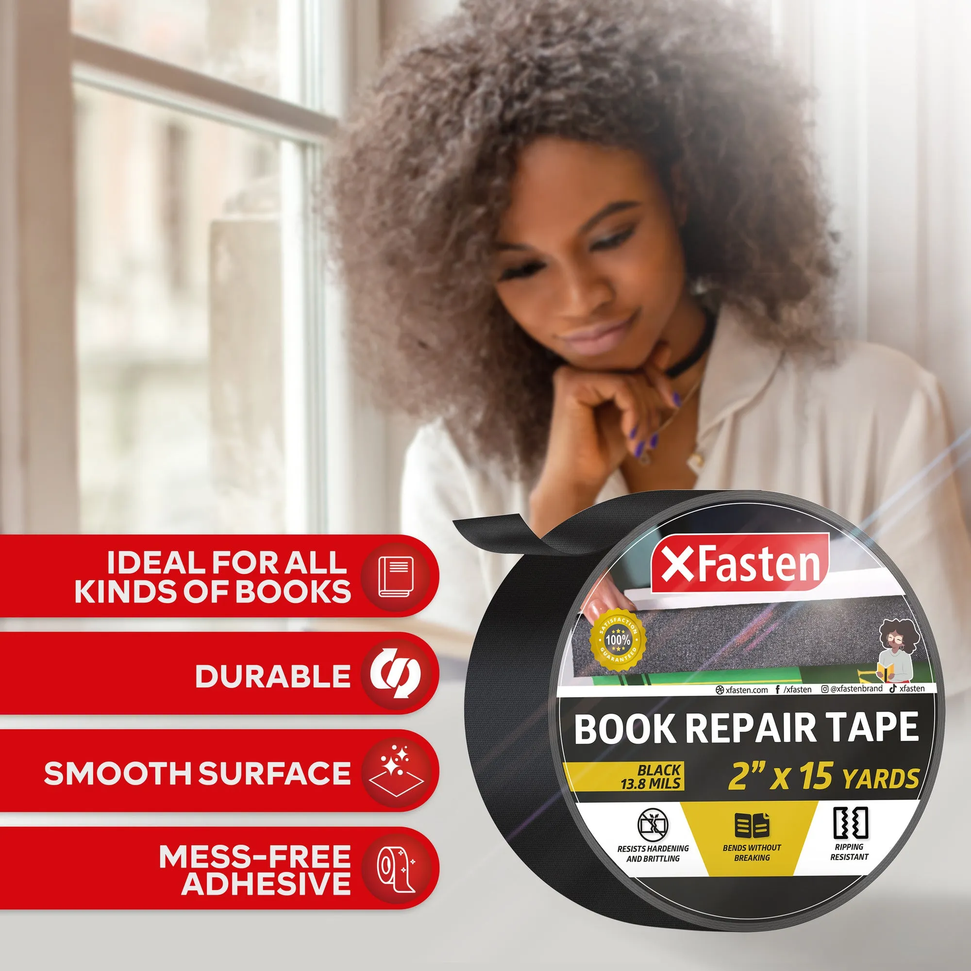 XFasten Book Binding Repair Tape, Black, 2-Inch by 15-Yard