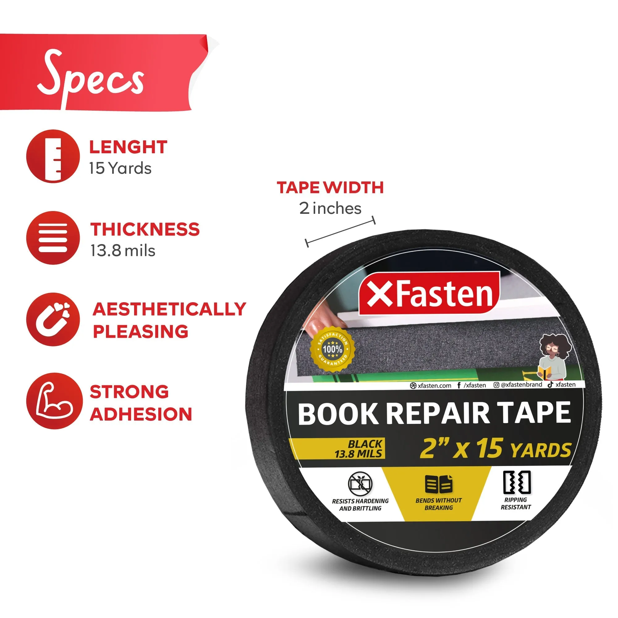 XFasten Book Binding Repair Tape, Black, 2-Inch by 15-Yard